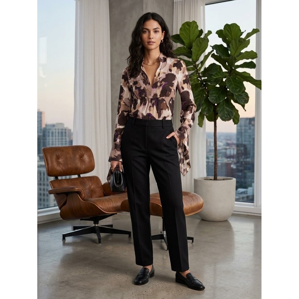 Diane von Furstenberg DVF Silk Blouse Abstract Print V-Neck Bell Sleeve Brown M